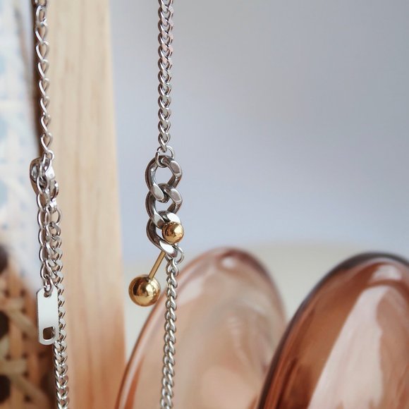 NEW Two Tone 18K Gold Plated Link Chain Gold Ball Bar Necklace - Picture 9 of 11